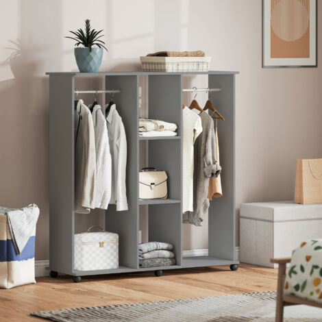 Armoire penderie meuble de rangement mobile 6 roulettes 120 x 40 x 128 cm en bois gris