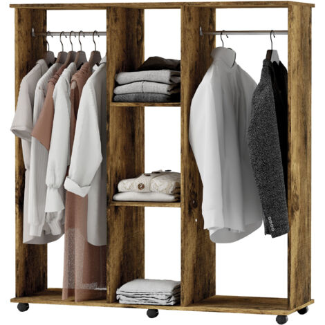 Armoire penderie meuble de rangement mobile 6 roulettes 120 x 40 x 128 cm en bois marron