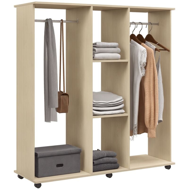 Armoire penderie meuble de rangement mobile 6 roulettes 120L x 40l x 128H cm panneaux de particules aspect bois chêne