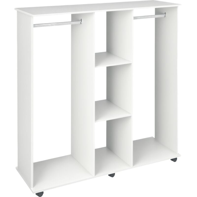 Armoire penderie meuble de rangement mobile 6 roulettes 120L x 40l x 128H cm panneaux de particules aspect bois blanc