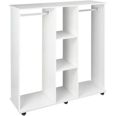 Armoire penderie meuble de rangement mobile 6 roulettes 120L x 40l x 128H cm panneaux de particules aspect bois blanc