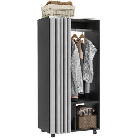 Armoire penderie mobile avec rideau, noir, panneaux de particules, tringle de suspension