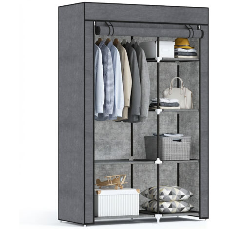 Armoire penderie multi-rangement - 6 étagères, 1 barre - non tissé gris