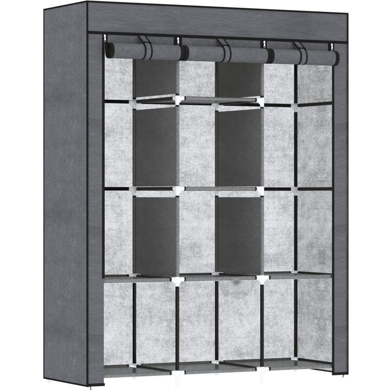 Armoire penderie multi-rangement - 8 étagères, 2 barres - dim. 125L x 43l x 162,5H cm - acier noir non tissé gris