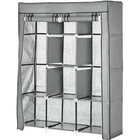 Armoire penderie multi-rangement - 8 étagères, 2 barres - non tissé gris