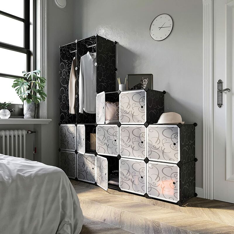 Armoire Penderie Placard 20 Cubes Modulaire Étagères Plastique Meuble de Rangement de Vêtements&Chaussures Avec Portes Noir