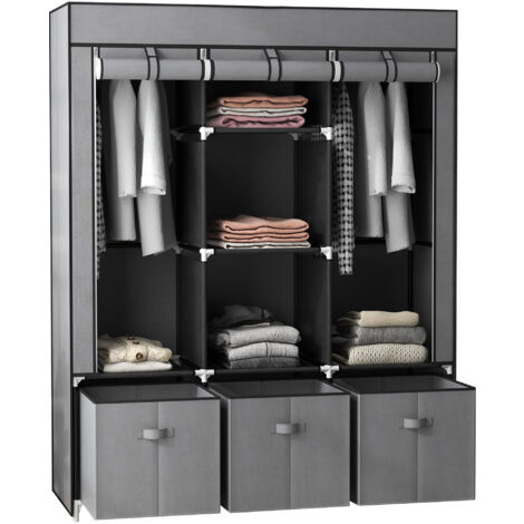 Armoire penderie pliable 5 étagères 2 tringles 3 tiroirs tissu gris