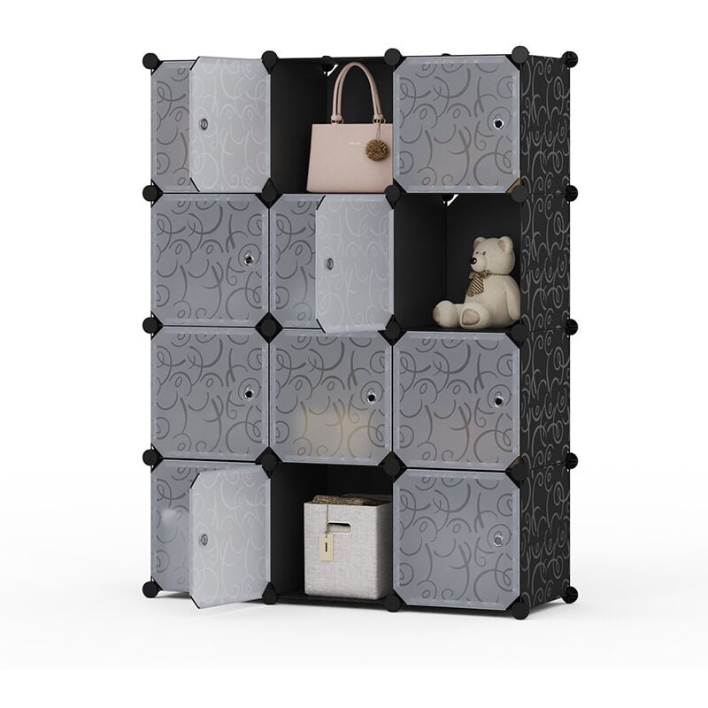 Armoire enfant Étagère de rangement en plastique meuble de rangement portable pour vêtements 12 cubes Noir et Blanc Mondeer