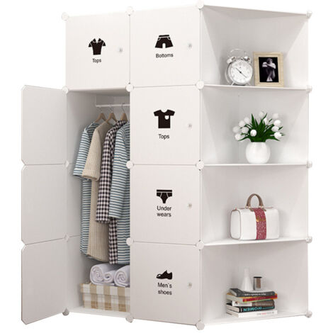Armoire Penderie pour Enfants, Étagère de Rangement en Plastique,avec 12 Cubes, 2 Rails Suspendus, 111 x 47 x 147 cm, Blanc