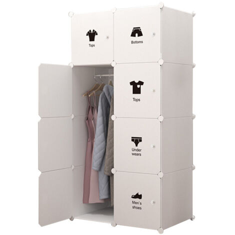 Armoire Penderie pour Enfants, Étagère de Rangement en Plastique,avec 8 Cubes, 1 Rails Suspendus, 75 x 47 x 147 cm, Blanc