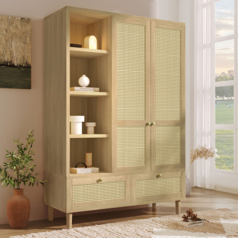Armoire penderie style campagne 180 cm en chêne – 2 portes en rotin, étagères, penderie et 2 tiroirs, système antidéviance inclus