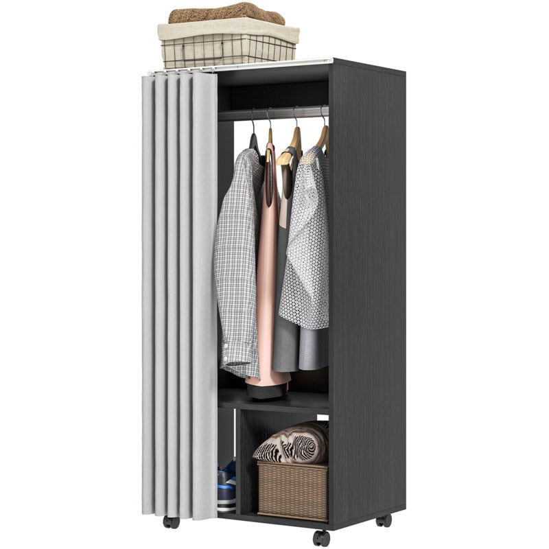 Armoire penderie sur roulettes - tringle penderie, 2 compartiments - effet bois noir rideau gris