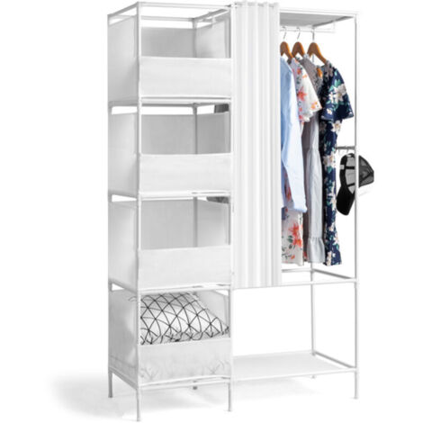 Armoire penderie suspendue 4 niveaux 105x45x170cm blanc, dressing tissu avec rideau et rangements