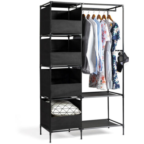 Armoire penderie suspendue 4 niveaux 105x45x170cm noir, dressing tissu avec rideau et rangements