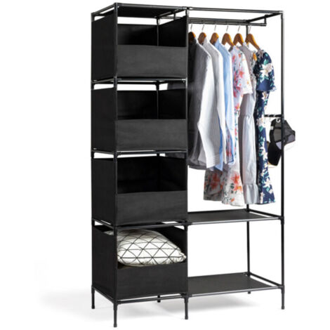 Armoire penderie suspendue 4 niveaux 105x45x170cm noir, dressing tissu avec rideau et rangements