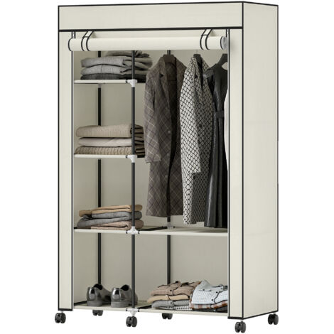 Armoire penderie tissu rangement 6 roulettes tringle vêtements étagères ouvertes 103x43x162,5cm crème