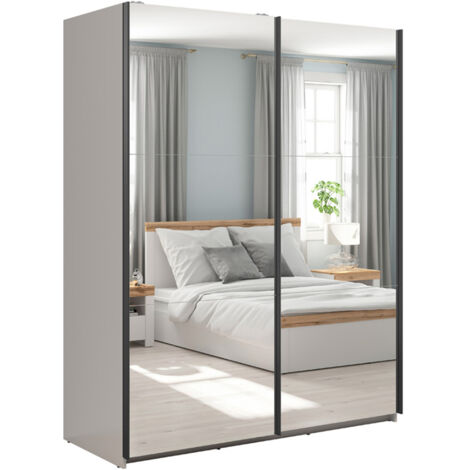 Armoire placard à 2 portes coulissantes avec miroir coloris Beige Kashmir - Longueur 153,5 x Profondeur 60 x Hauteur 195,5 cm