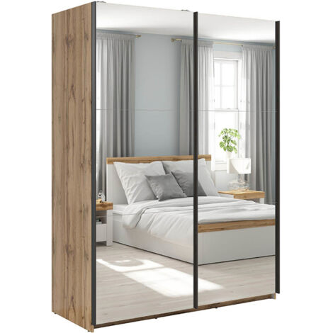 Armoire placard à 2 portes coulissantes avec miroir coloris Chêne wotan - Longueur 153,5 x Profondeur 60 x Hauteur 195,5 cm