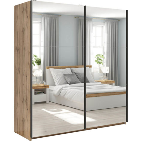 Armoire placard à 2 portes coulissantes avec miroir coloris Chêne wotan - Longueur 183 x Profondeur 60 x Hauteur 195,5 cm
