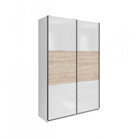 Armoire placard à 2 portes coulissantes coloris blanc brillant/chêne Sonoma - Longueur 183 x Profondeur 60 x Hauteur 195,5 cm