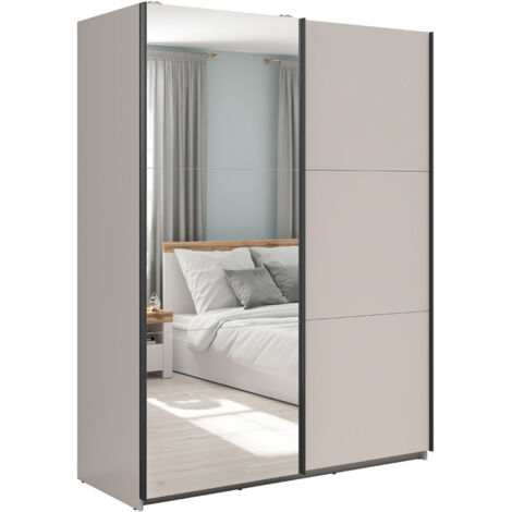 Armoire placard à 2 portes coulissantes dont 1 avec miroir coloris Beige Kashmir - Longueur 153,5 x Profondeur 60 x Hauteur 195,5 cm