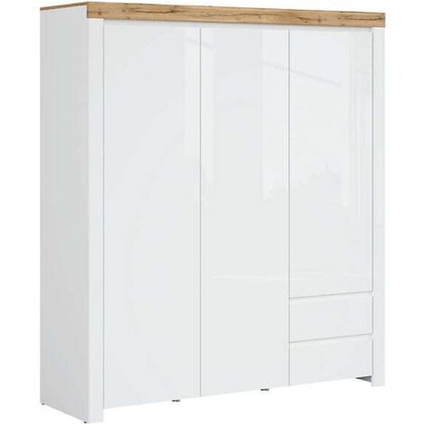 Armoire placard à 3 portes et 2 tiroirs,coloris Blanc/Chêne wotan - Longueur 180,5 x Profondeur 56,5 x Hauteur 203,5 cm