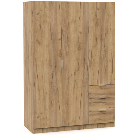 Armoire Placard à 3 portes et 3 tiroirs coloris Chêne - Longueur 120 x Hauteur 180 x Profondeur 50 cm