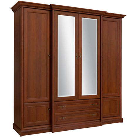 Armoire Placard à 6 portes 2 tiroirs et miroir coloris châtaigne - Longueur 227 x Profondeur 53-65,5 x Hauteur 225 cm
