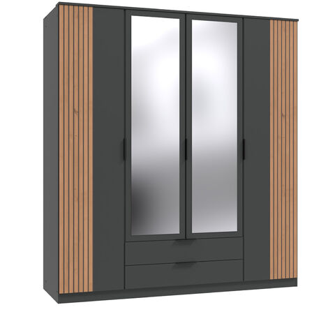 Armoire Placard avec 2 miroirs coloris graphite, rechampis imitation chêne artisan - Longueur 180 x Hauteur 199 x Profondeur 58 cm