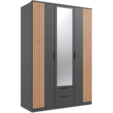 Armoire Placard avec miroir coloris graphite, rechampis imitation chêne artisan - longueur 135 x hauteur 199 x profondeur 58 cm