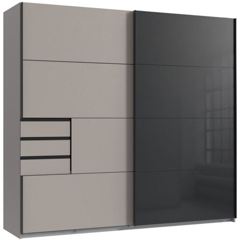 Armoire, placard coloris Gris et verre coloris noir, rechampis graphite - Longueur 225 x Hauteur 208 x Profondeur 64 cm