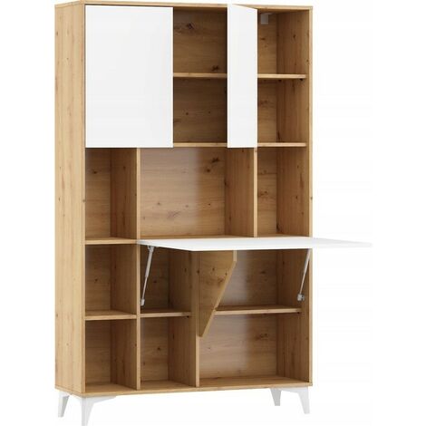 Armoire Placard Convertible en bureau et table Home office 175x105x34cm « Meggie 2-Blanc brillant (front)/Chêne Artisan(corps)»