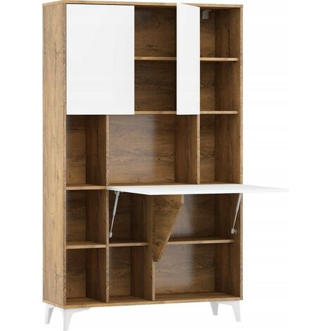 Armoire Placard Convertible en bureau et table Home office 175x105x34cm « Meggie 2-Blanc brillant (front)/Chêne foncé(corps)»