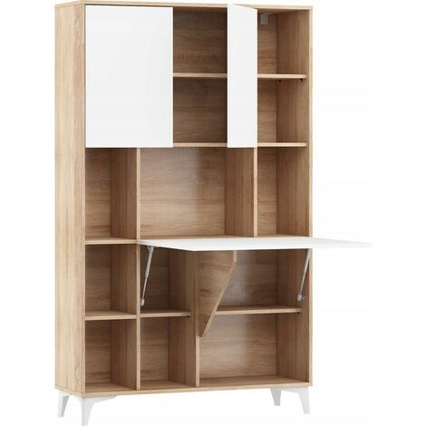 Armoire Placard Convertible en bureau et table Home office 175x105x34cm « Meggie 2-Blanc brillant (front)/Chêne sonoma(corps)»