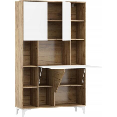 Armoire Placard Convertible en bureau et table Home office 175x105x34cm « Meggie 2-Blanc brillant (front)/Or Artisan(corps)»