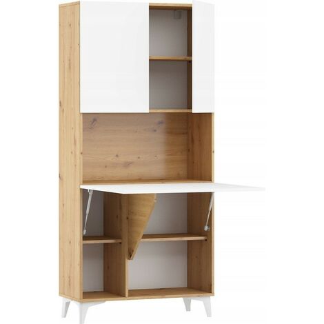 Armoire Placard Convertible en bureau et table Home office 175x80x36cm « Meggie-Blanc brillant (front)/Chêne Artisan(corps)»