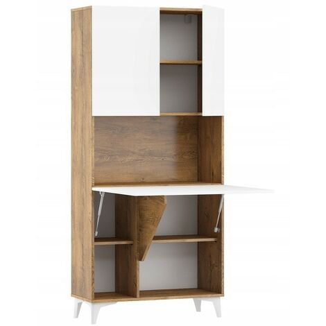 Armoire Placard Convertible en bureau et table Home office 175x80x36cm « Meggie-Blanc brillant (front)/Chêne foncé(corps)»