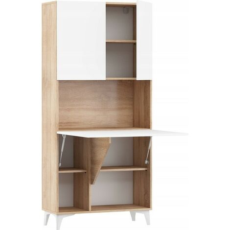 Armoire Placard Convertible en bureau et table Home office 175x80x36cm « Meggie-Blanc brillant (front)/Chêne sonoma(corps)»