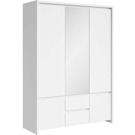 Armoire Placard de 5 portes avec miroir et 2 tiroirs, coloris Blanc/Blanc Mat - Longueur 153,5 x Hauteur 211 x Profondeur 55,5 cm