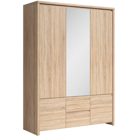 Armoire Placard de 5 portes avec miroir et 2 tiroirs, coloris chêne Sonoma - Longueur 153,5 x Hauteur 211 x Profondeur 55,5 cm