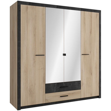 Armoire placard de rangement 4 portes dont 2 avec miroir couleur chêne / noir - Largeur 198 x Profondeur 56,6 x Hauteur 203,1 cm