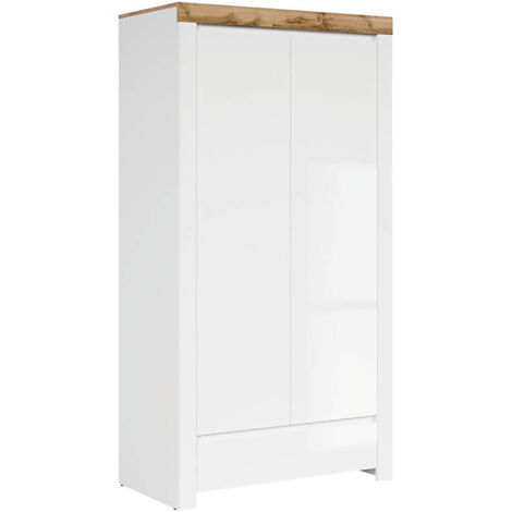 Armoire placard de rangement à 2 portes avec tiroir,coloris Blanc/Chêne wotan - Longueur 106 x Profondeur 56,5 x Hauteur 203,5 cm