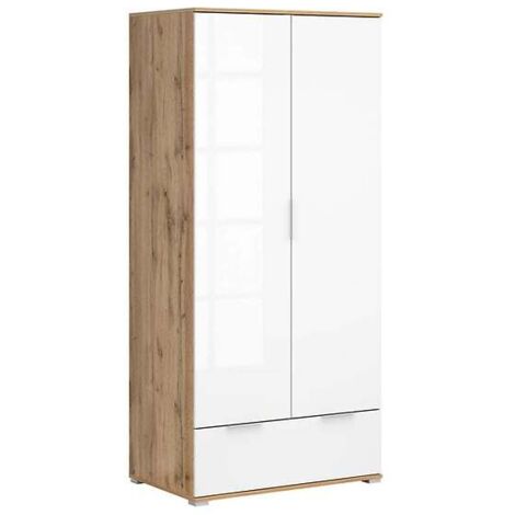 Armoire Placard de rangement à 2 portes avec tiroir,coloris Chêne wotan/Blanc brillant - Longueur 56,5 x Profondeur 31 x Hauteur 195 cm