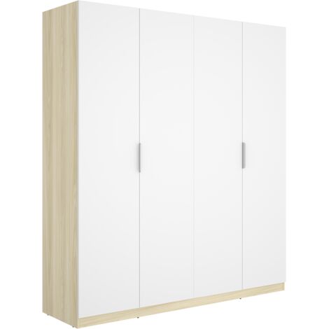 Armoire placard de rangement à 4 portes battantes, coloris blanc/Chêne clair - Hauteur 203,5 x Longueur 182,1 x Profondeur 51,4 cm