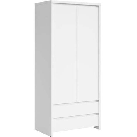 Armoire placard de rangement à deux portes avec 2 tiroirs, coloris Blanc/Blanc Mat - Longueur 90 x Hauteur 200,5 x Profondeur 55,5 cm