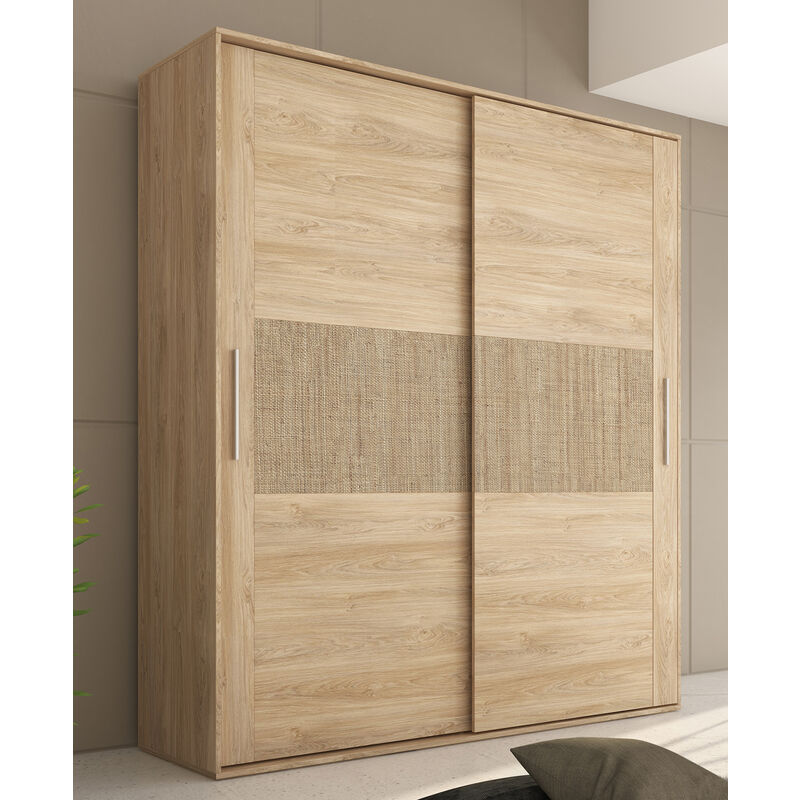 Armoire, placard garde-robe 2 portes coloris chêne cambrian, effet textile -Longueur 180 x Profondeur 55 x Hauteur 208 cm Pegane