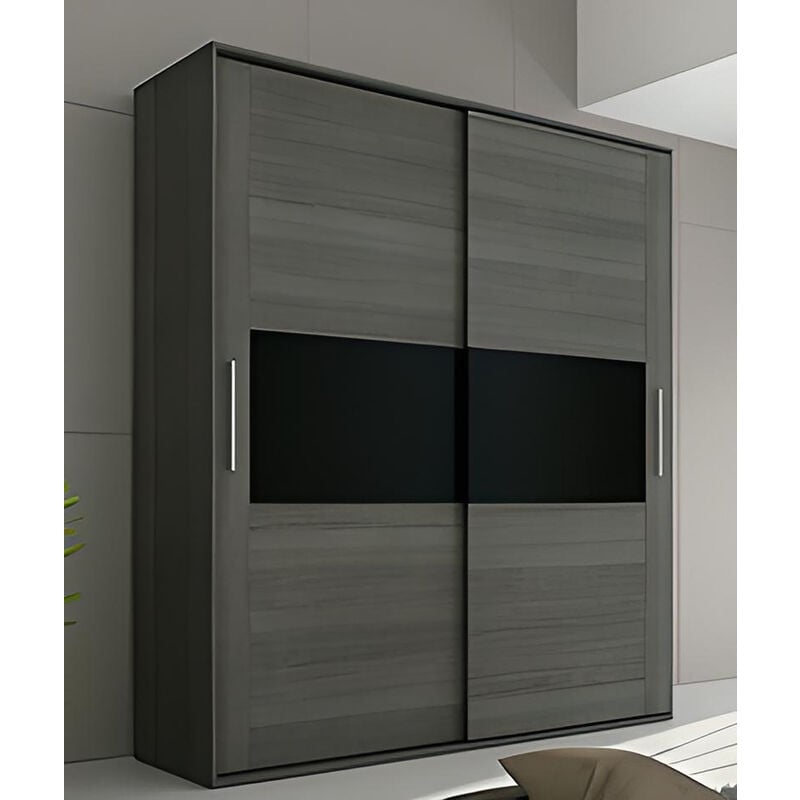 Armoire, placard garde-robe 2 portes coloris Chêne Cendré, Noir - Longueur 180 x Profondeur 55 x Hauteur 207,60 cm Pegane
