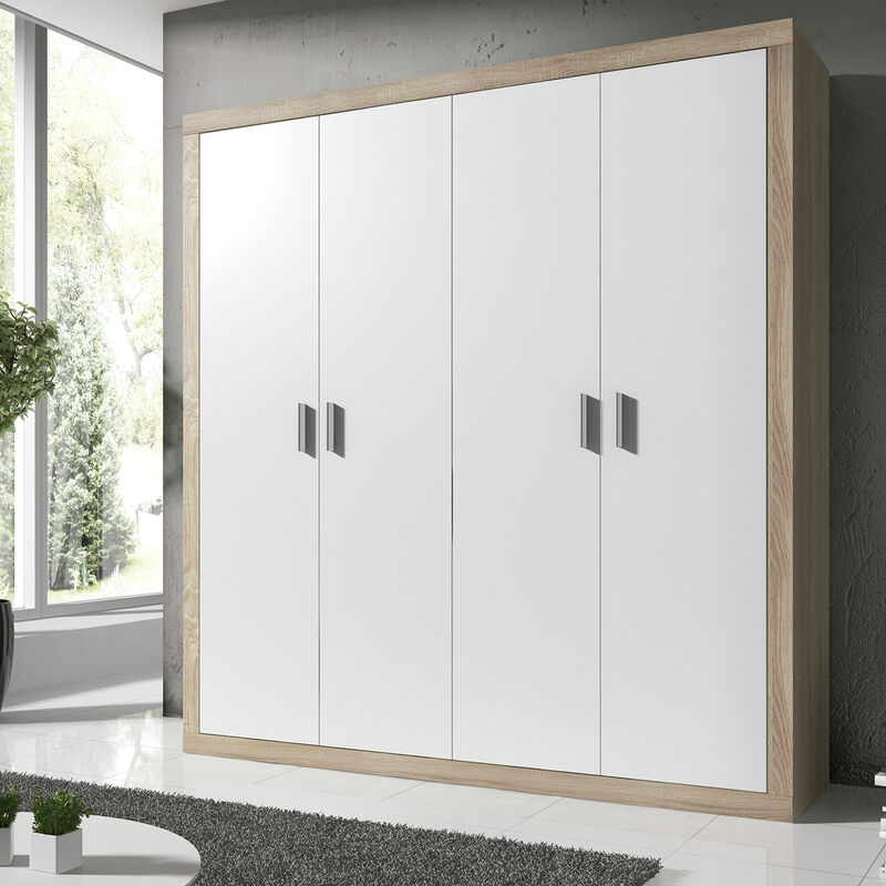Pegane - Armoire, placard garde-robe 4 portes coloris Chêne cambrian, blanc - Longueur 196 x Profondeur 50 x Hauteur 208 cm
