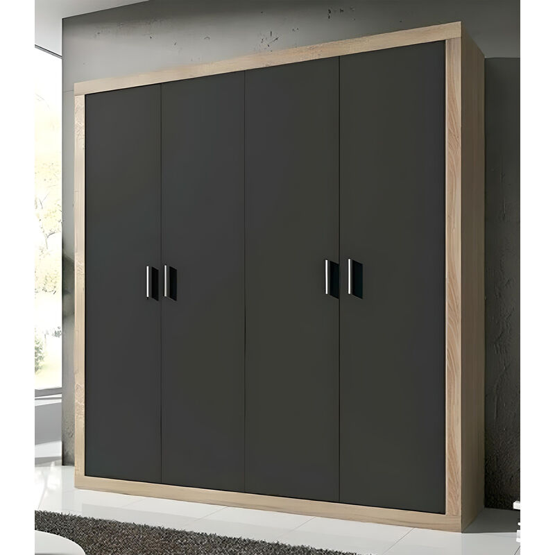 Armoire, placard garde-robe, meuble de rangement coloris chêne cambrian, graphite - Longueur 196 x Profondeur 50,2 x Hauteur 208 cm Pegane