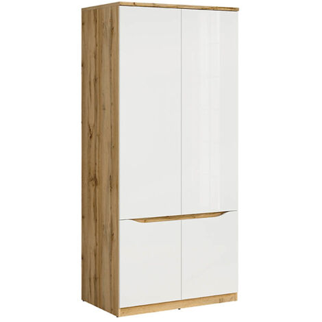 Armoire Placard meuble de rangement à 4 portes,coloris Chêne wotan/Blanc brillant - Longueur 90 x Profondeur 58 x Hauteur 197,5 cm